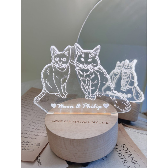 【客製化寵物夜燈】貓貓陪伴紀念燈｜毛孩照片雷雕・雙貓插畫夜燈・寵物紀念禮物｜MiniGarden