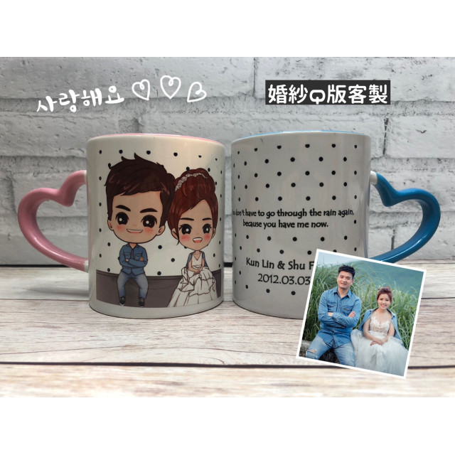 婚紗照插畫對杯｜把幸福變成每天看見的日常 客製化結婚紀念馬克杯，讓愛情持續冒泡