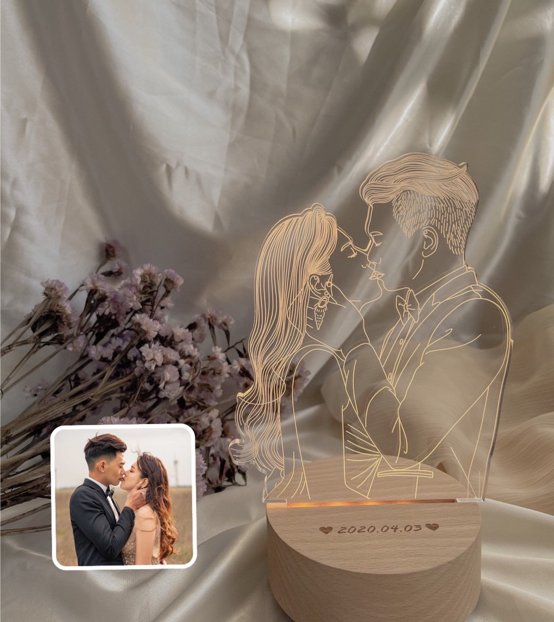 情侶婚紗夜燈實拍｜親吻姿勢線條夜燈｜客製化情侶禮物｜MiniGarden