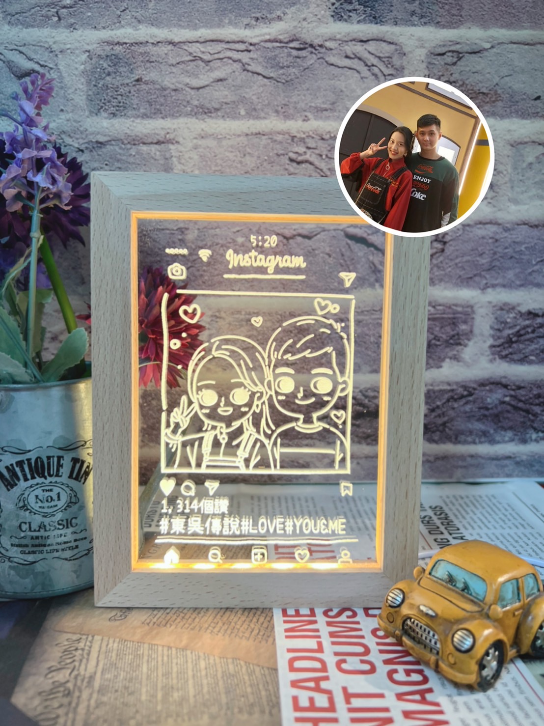 情侶IG框插畫夜燈｜可愛情侶合照線條夜燈｜專屬客製化紀念日禮物｜MiniGarden