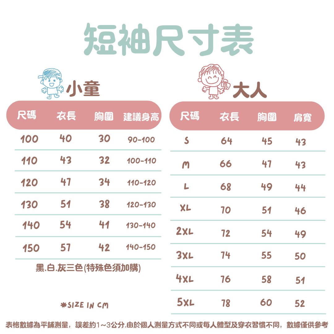 短袖尺寸表，小童100–150、大人S–5XL衣長胸圍肩寬資料